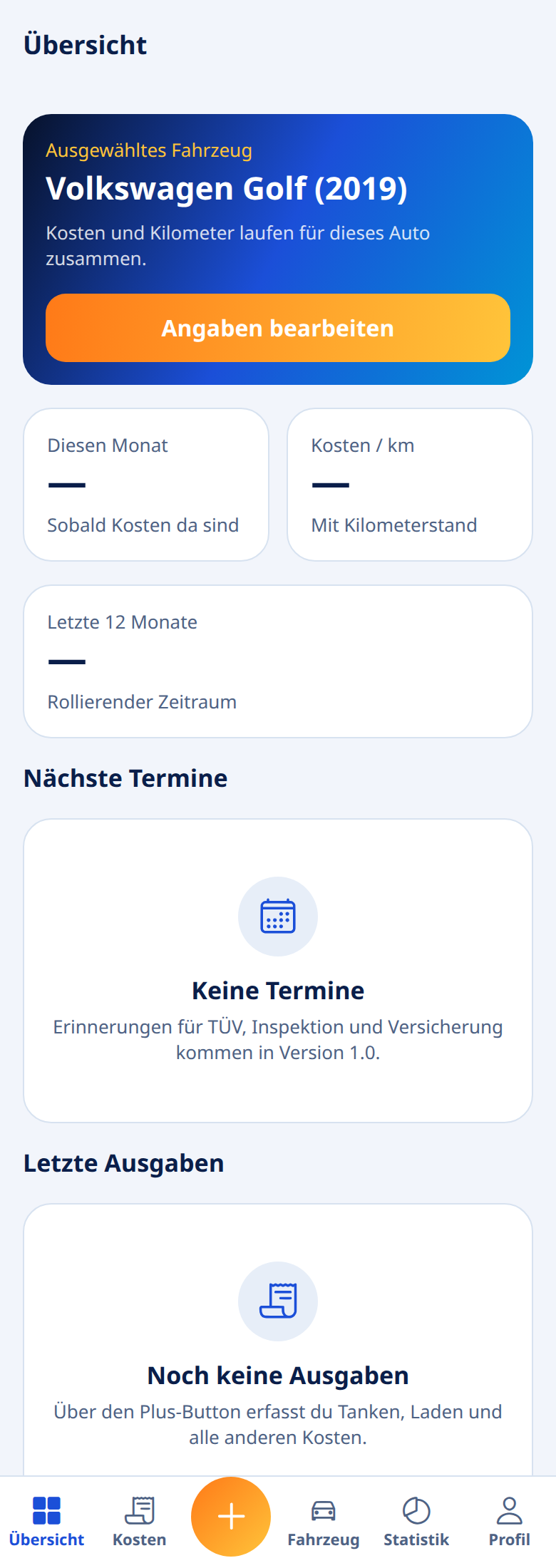 The Motyvo App, Übersicht mit ausgewähltem Fahrzeug und Kosten